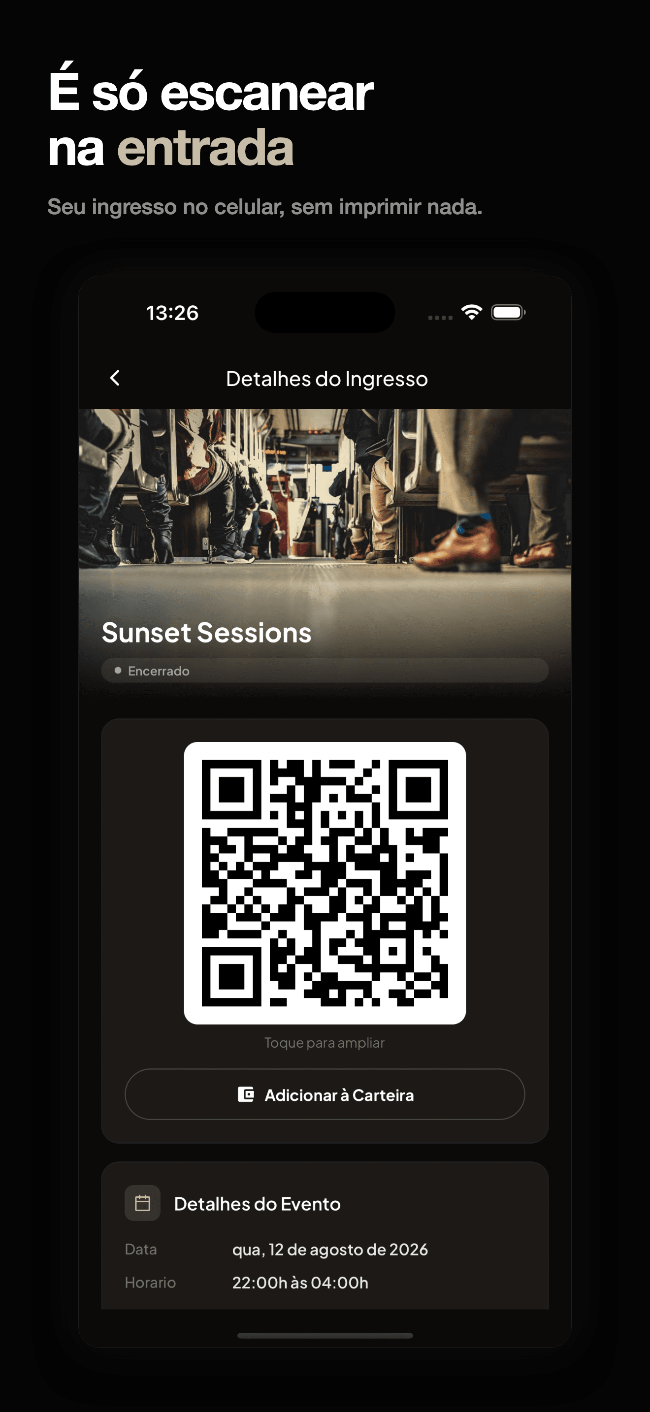 Ingresso do Kizuno com QR code para a entrada