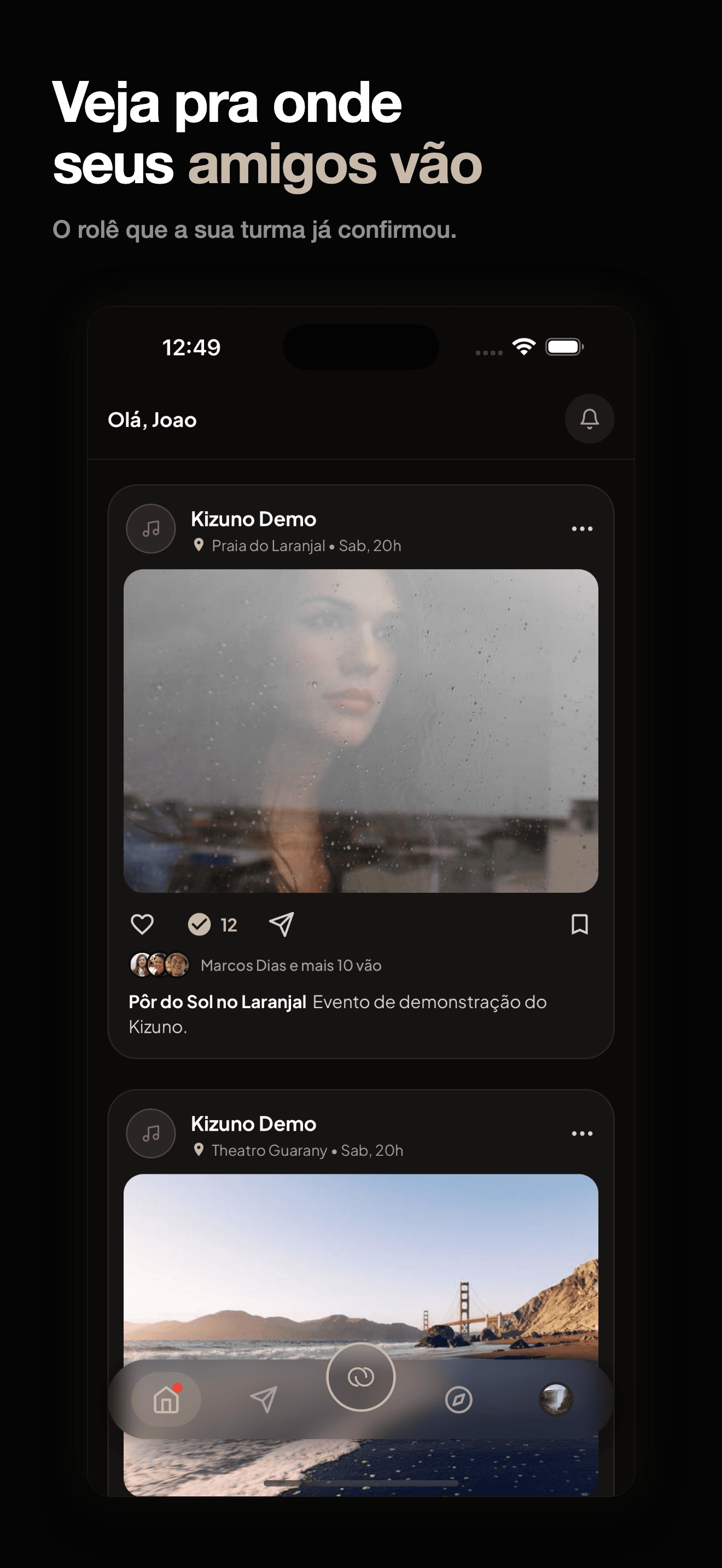 Feed do Kizuno mostrando eventos e quais amigos vão a cada um