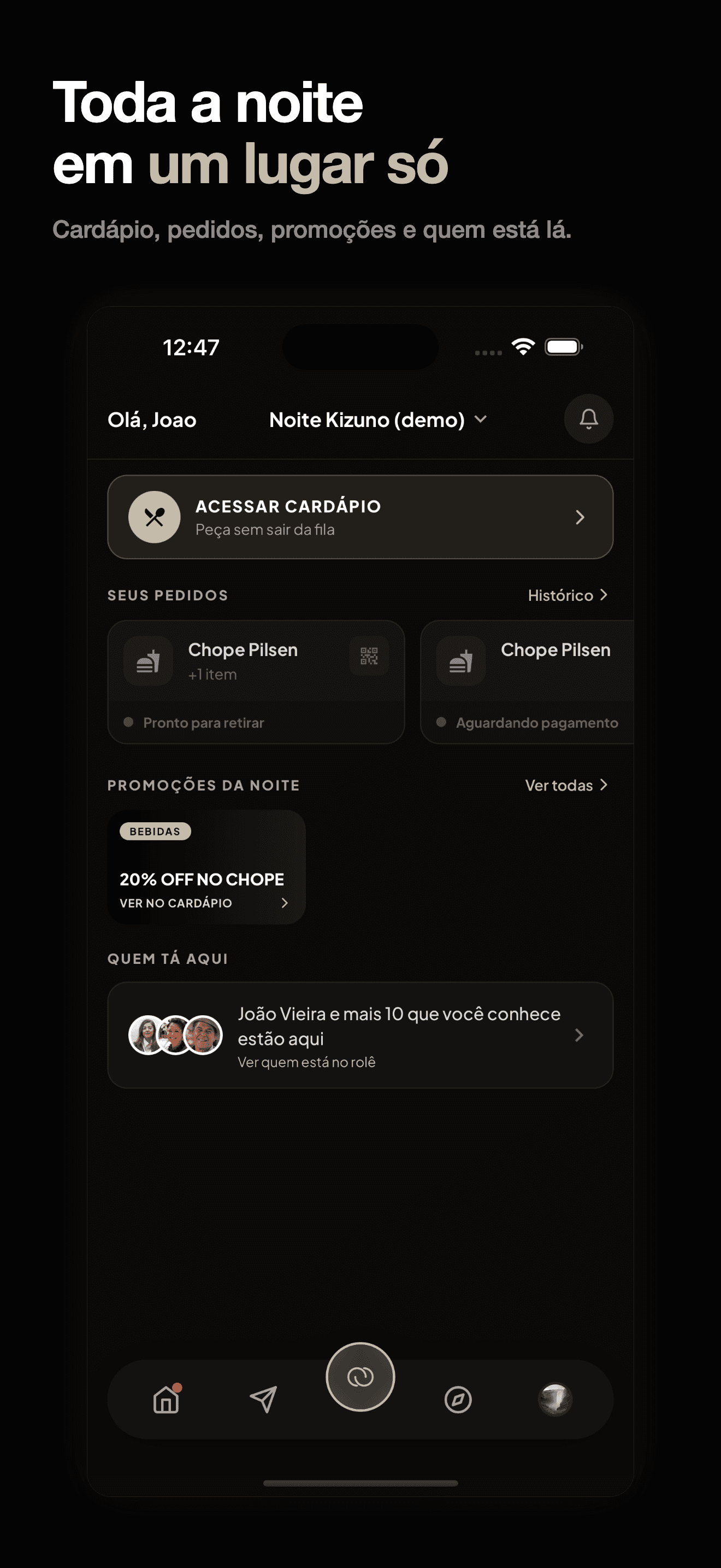 Tela da noite no Kizuno com cardápio, pedidos e promoções