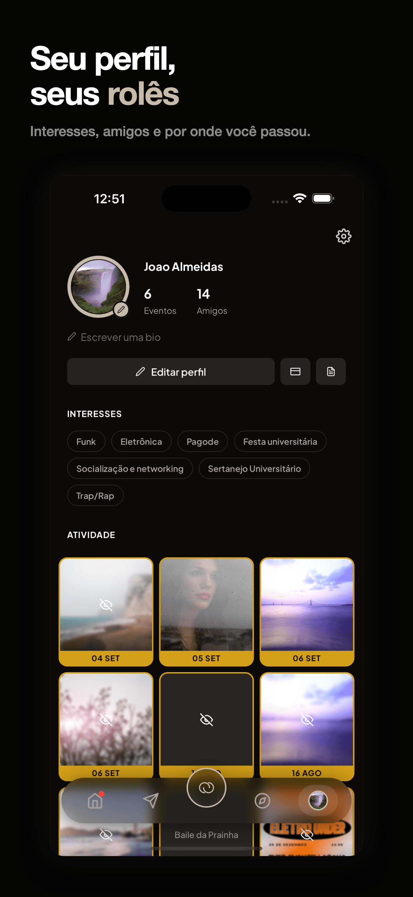 Perfil do Kizuno com interesses e histórico de eventos