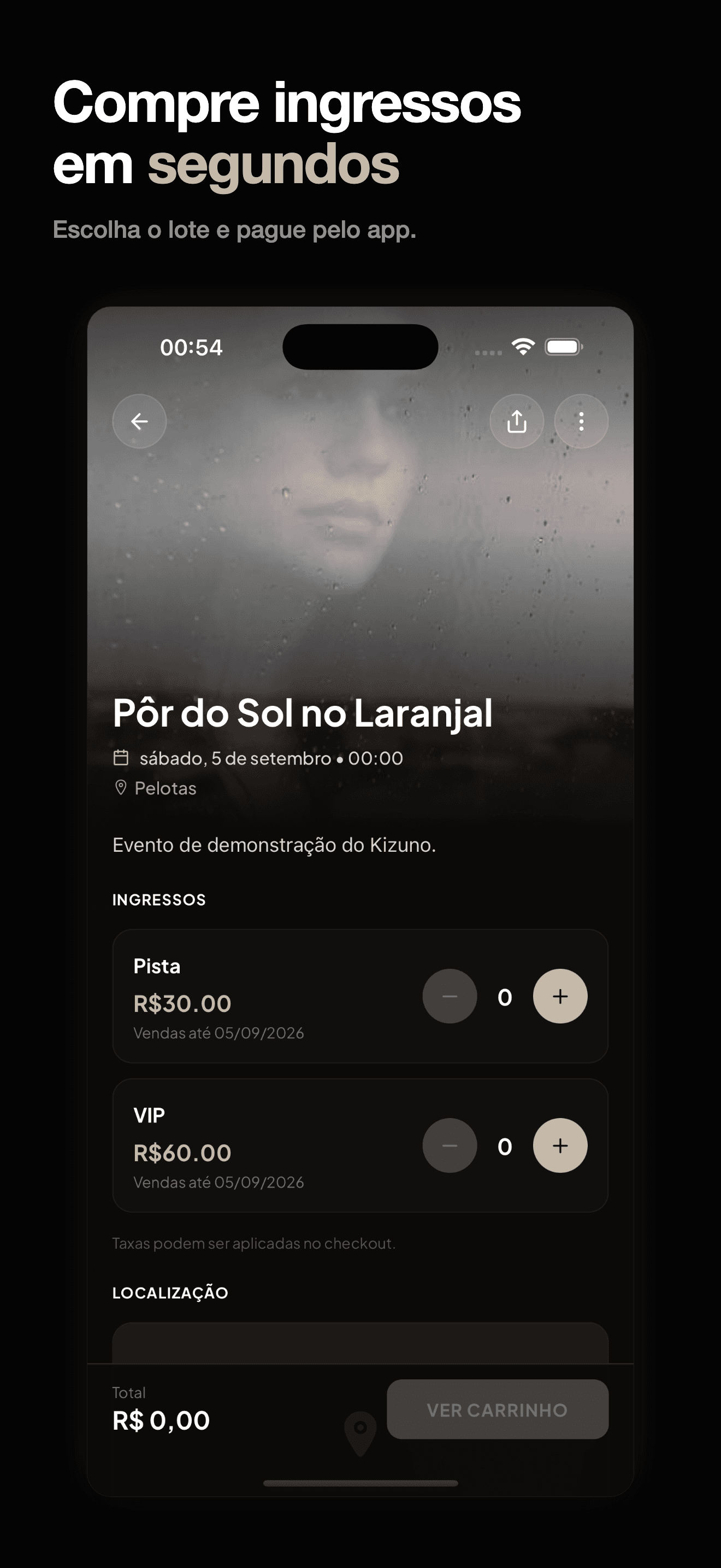 Tela de evento do Kizuno com lotes de ingresso